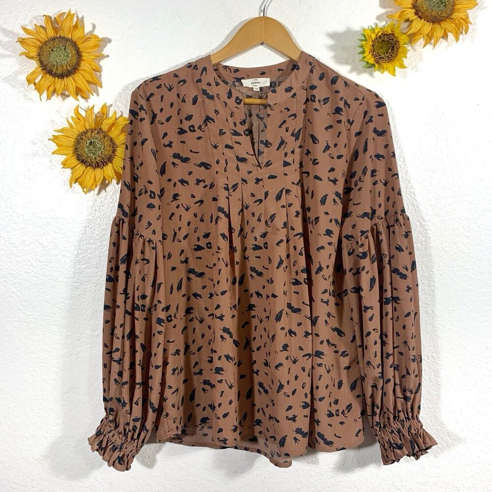 Entro Leopard Print Chestnut Brown And Black V-neck Bishop Sleeve Size Medium